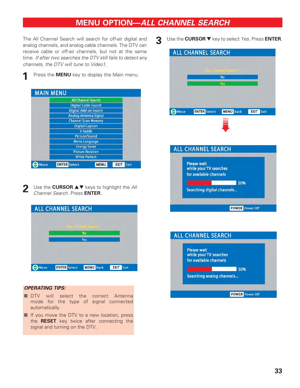 All channel search | Sanyo HIGH-DEFINITION DIGITAL PLASMA TELEVISION DP50747 User Manual | Page 33 / 52