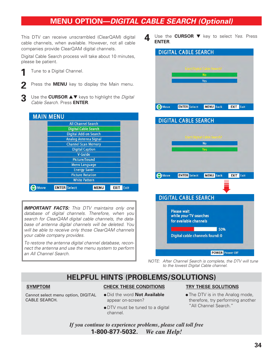 Digital cable search, Digital cable search (optional), Menu option | Helpful hints (problems/solutions) | Sanyo HIGH-DEFINITION DIGITAL PLASMA TELEVISION DP50747 User Manual | Page 34 / 52