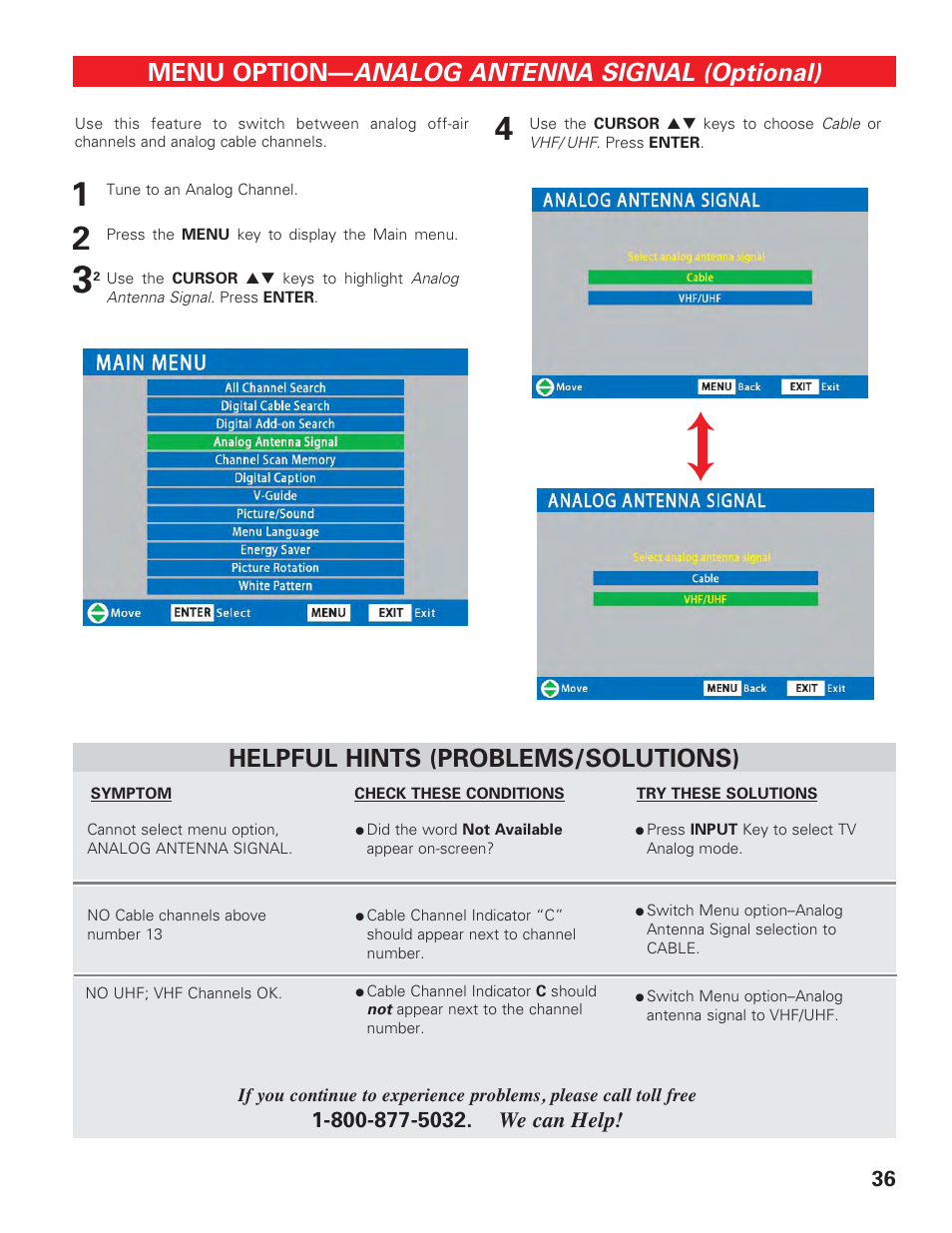 Analog antenna signal, Analog antenna signal (optional), Menu option | Helpful hints (problems/solutions) | Sanyo HIGH-DEFINITION DIGITAL PLASMA TELEVISION DP50747 User Manual | Page 36 / 52