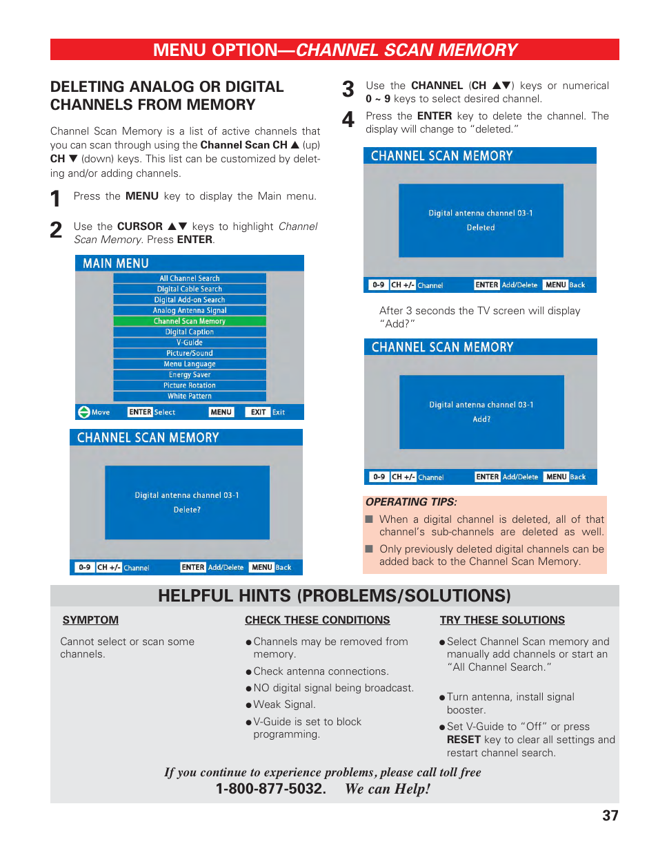 Channel scan memory (deleting channels), Menu option, Helpful hints (problems/solutions) | Sanyo HIGH-DEFINITION DIGITAL PLASMA TELEVISION DP50747 User Manual | Page 37 / 52