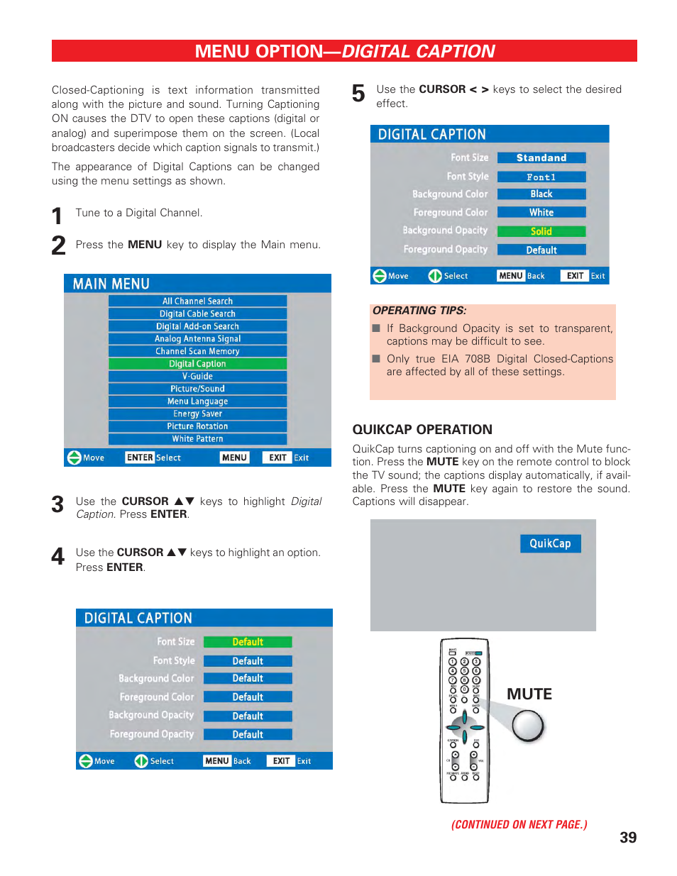 Digital caption, Menu option | Sanyo HIGH-DEFINITION DIGITAL PLASMA TELEVISION DP50747 User Manual | Page 39 / 52