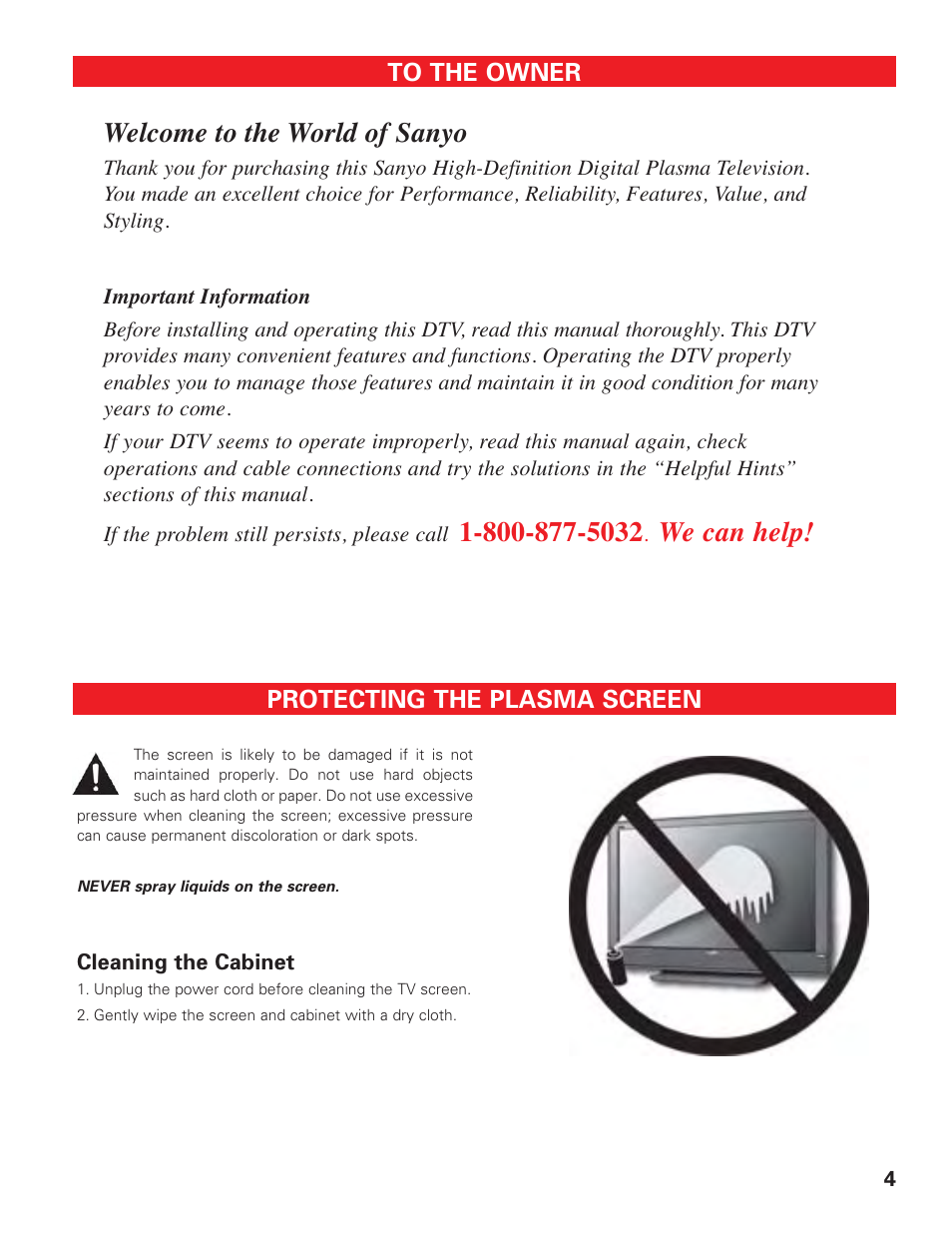 To the owner, Protecting the plasma screen, Welcome to the world of sanyo | We can help | Sanyo HIGH-DEFINITION DIGITAL PLASMA TELEVISION DP50747 User Manual | Page 4 / 52