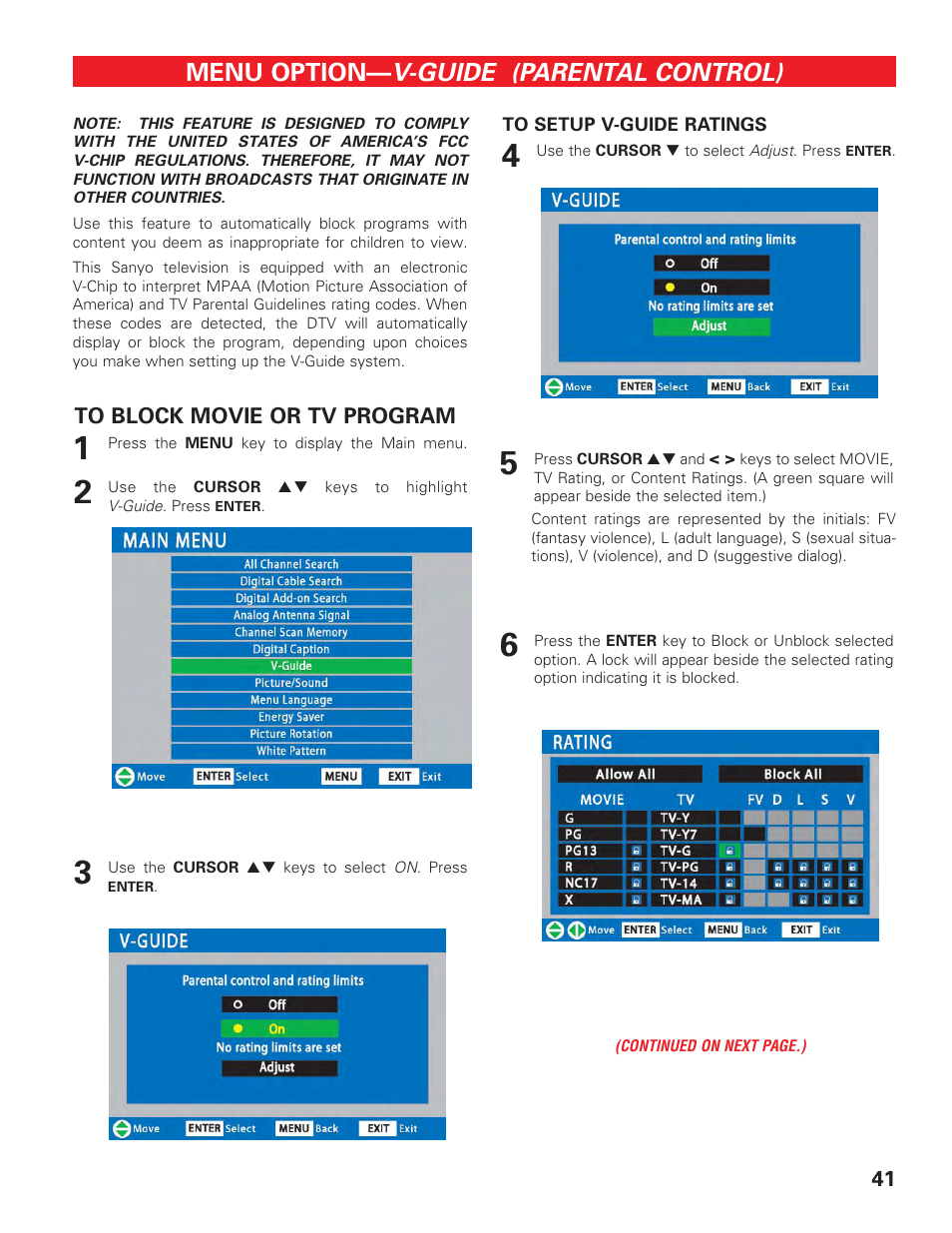 V-guide (parental control), How to block movie or tv program, Menu option | Sanyo HIGH-DEFINITION DIGITAL PLASMA TELEVISION DP50747 User Manual | Page 41 / 52