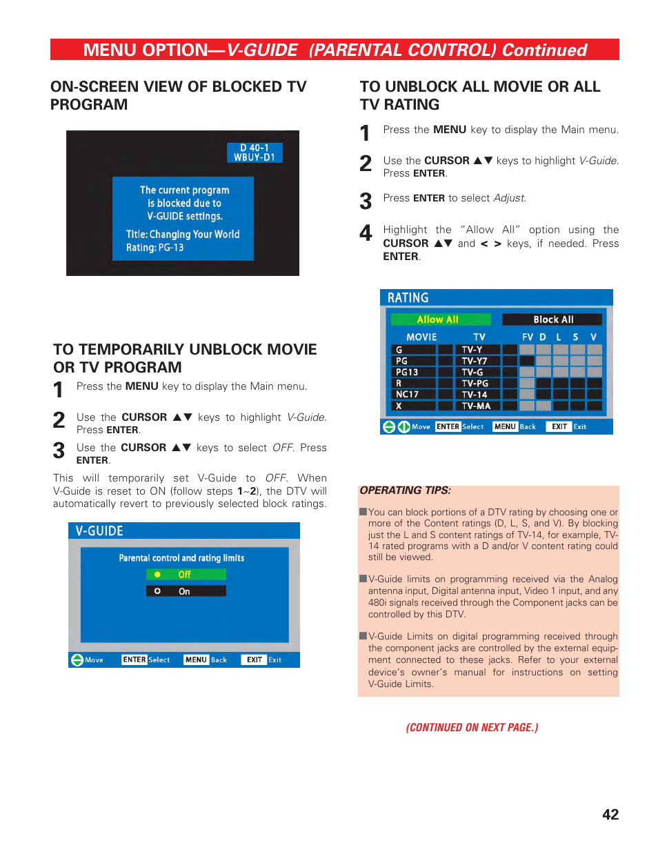 On-screen view of blocked tv programs, How to temporarily unblock movie or tv program, How to unblock all movie/tv ratings | V-guide (parental control) continued, Menu option | Sanyo HIGH-DEFINITION DIGITAL PLASMA TELEVISION DP50747 User Manual | Page 42 / 52