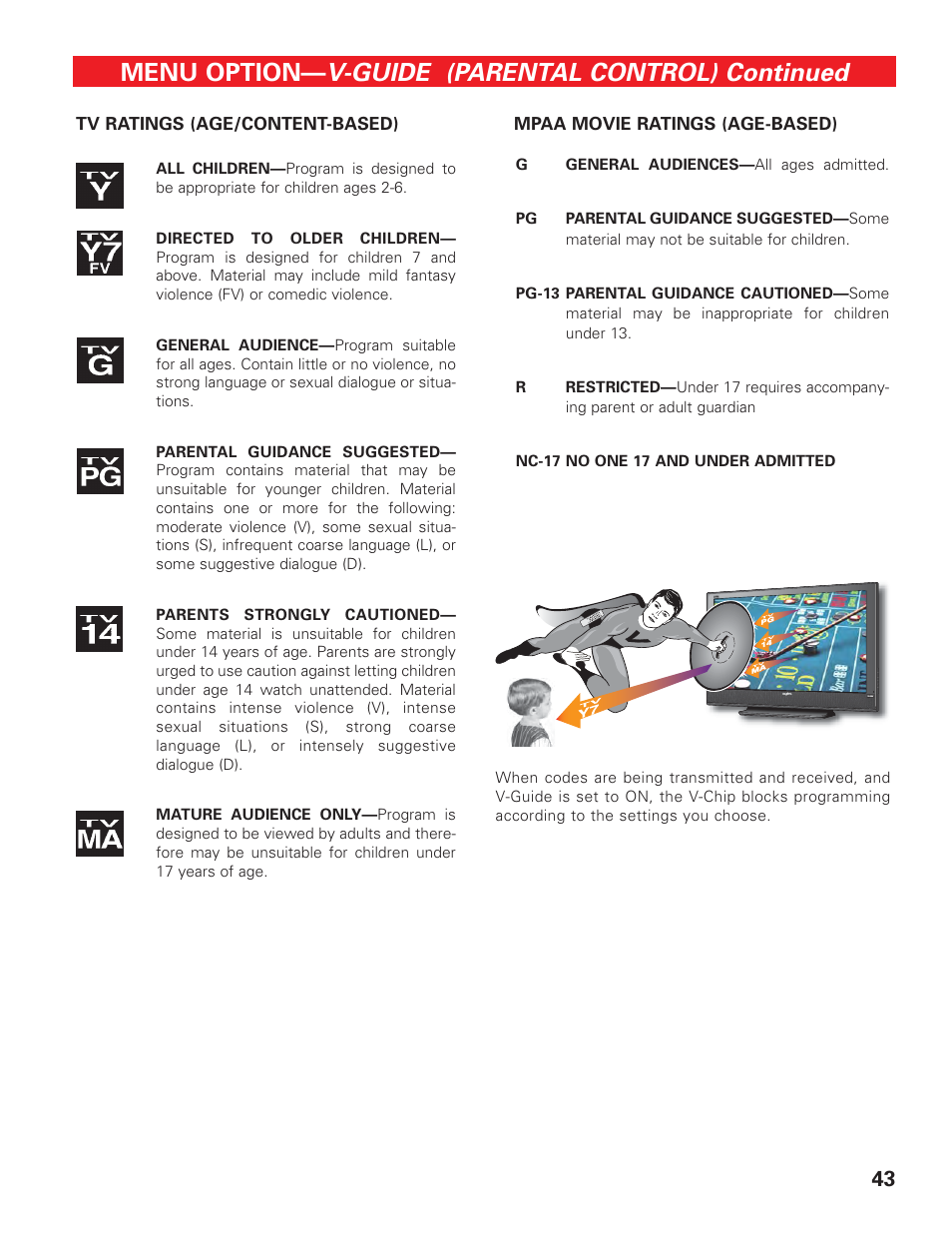Tv ratings (icon) & movie ratings (icon), V-guide (parental control) continued, Menu option | Sanyo HIGH-DEFINITION DIGITAL PLASMA TELEVISION DP50747 User Manual | Page 43 / 52