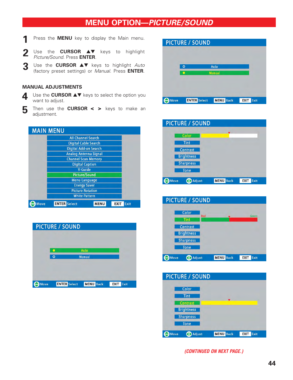 Picture / sound (1), Picture/sound, Menu option | Sanyo HIGH-DEFINITION DIGITAL PLASMA TELEVISION DP50747 User Manual | Page 44 / 52