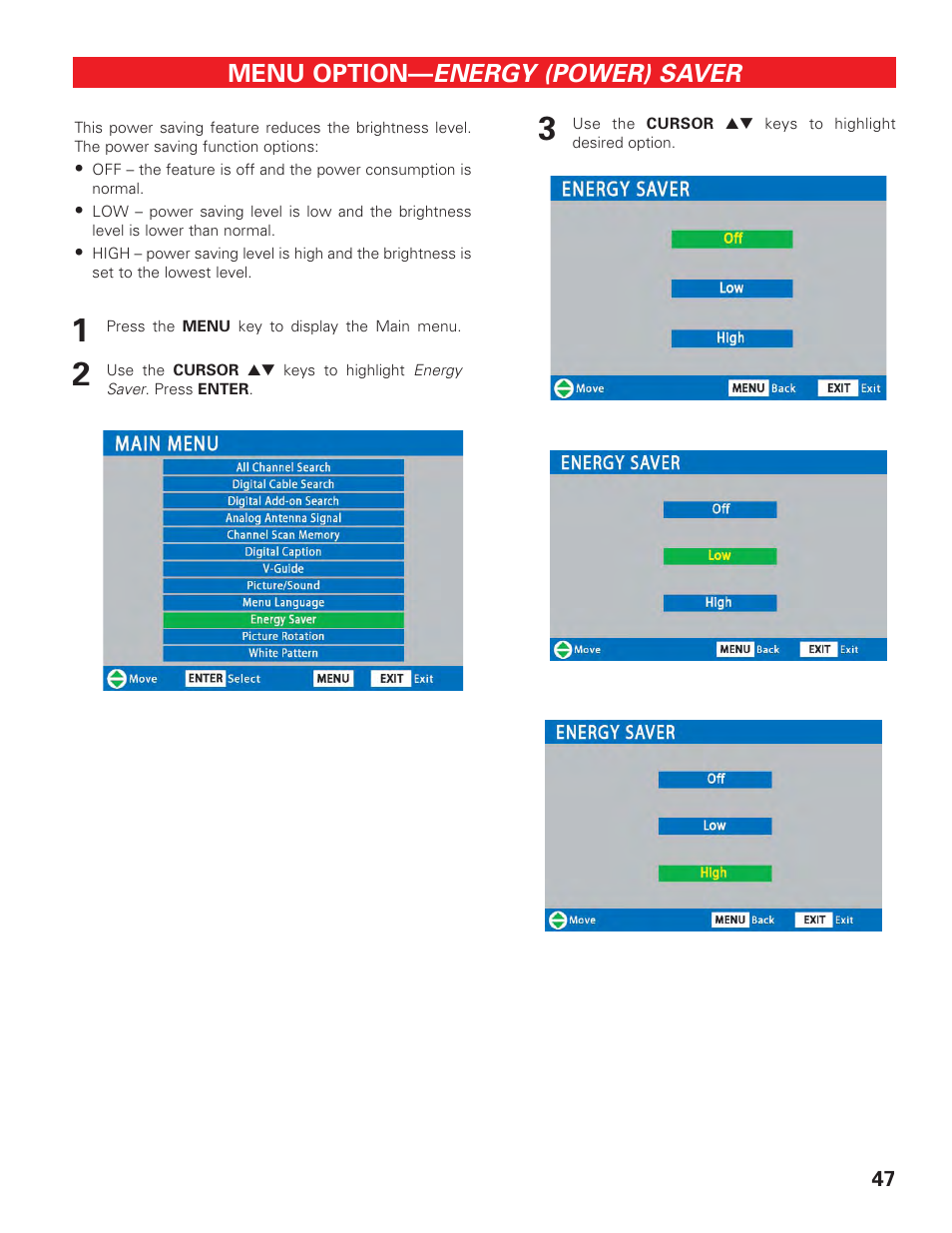 Energy (power) saver, Menu option | Sanyo HIGH-DEFINITION DIGITAL PLASMA TELEVISION DP50747 User Manual | Page 47 / 52