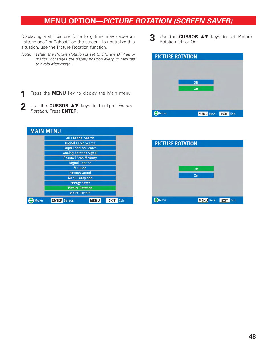 Picture rotation (screen saver), Menu option | Sanyo HIGH-DEFINITION DIGITAL PLASMA TELEVISION DP50747 User Manual | Page 48 / 52