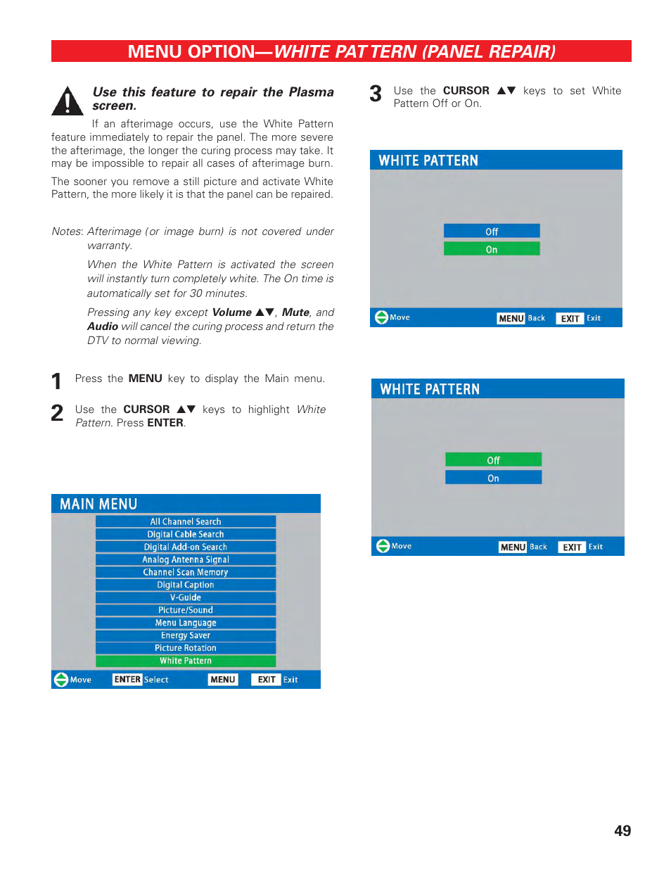 White pattern (panel repair), White pat tern (panel repair), Menu option | Sanyo HIGH-DEFINITION DIGITAL PLASMA TELEVISION DP50747 User Manual | Page 49 / 52