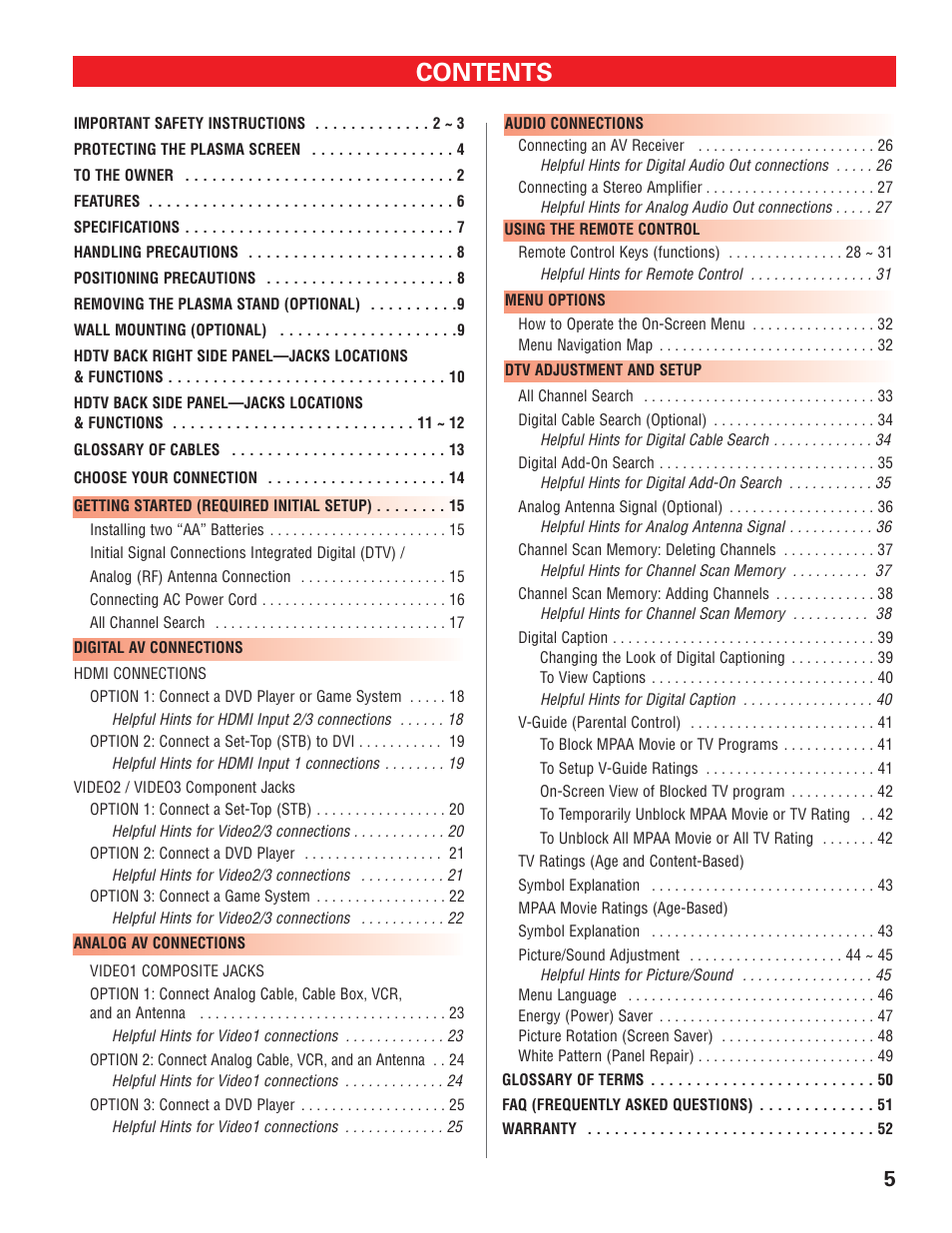 Sanyo HIGH-DEFINITION DIGITAL PLASMA TELEVISION DP50747 User Manual | Page 5 / 52