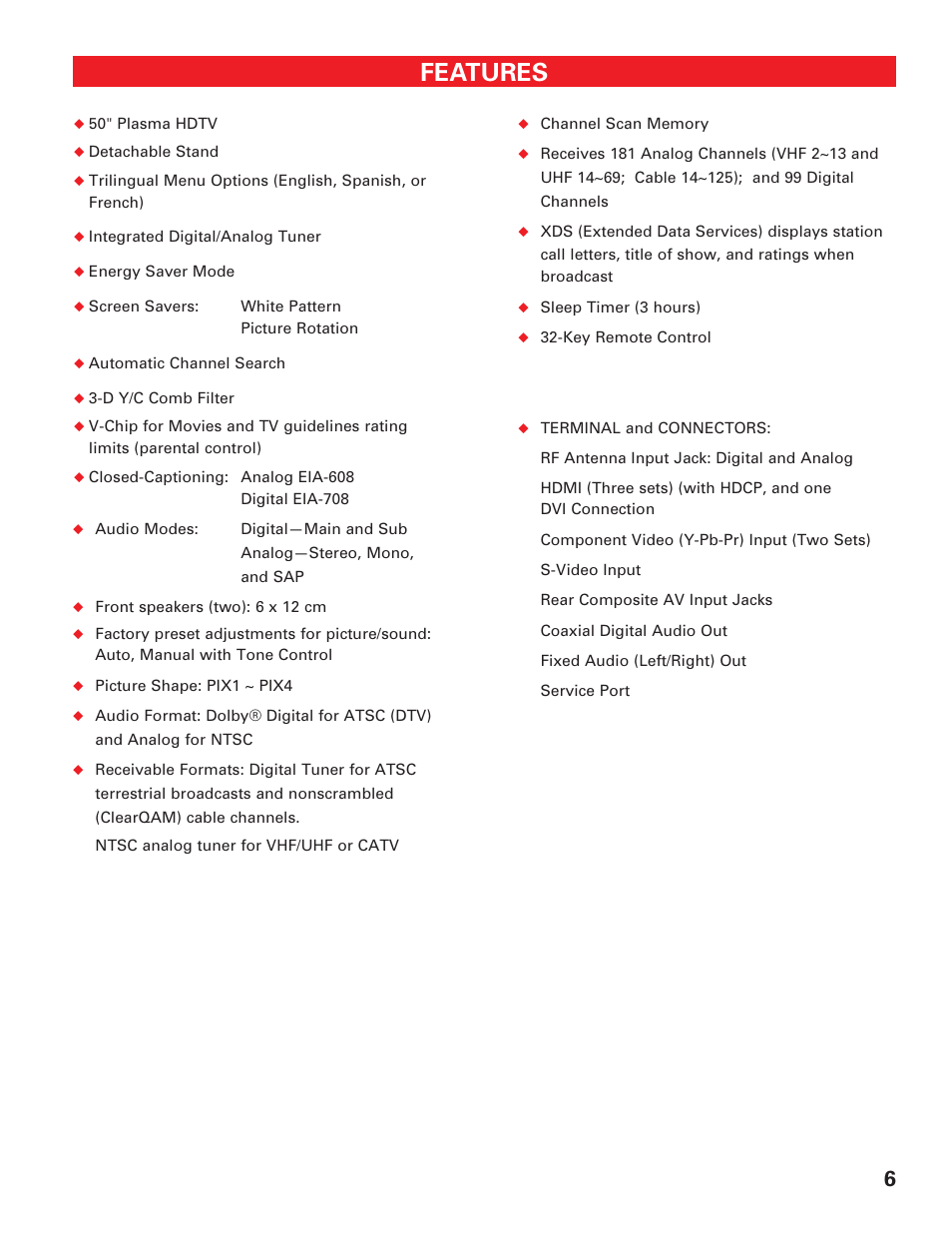 General information, Features | Sanyo HIGH-DEFINITION DIGITAL PLASMA TELEVISION DP50747 User Manual | Page 6 / 52