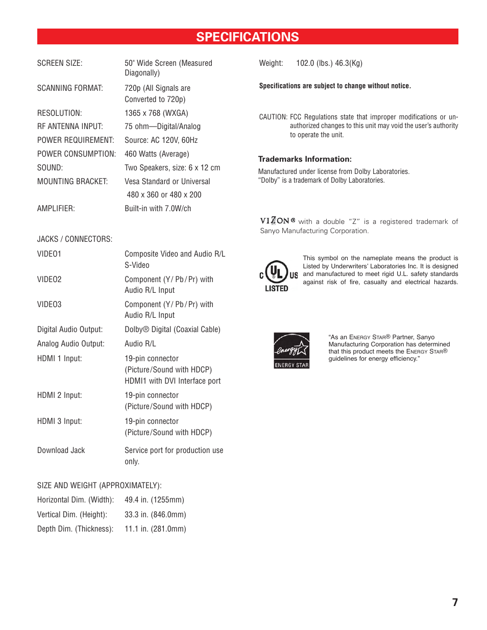 Specifications | Sanyo HIGH-DEFINITION DIGITAL PLASMA TELEVISION DP50747 User Manual | Page 7 / 52