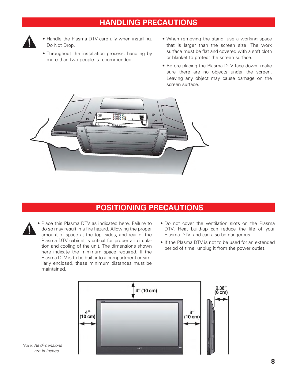 Handling precautions, Positioning precautions | Sanyo HIGH-DEFINITION DIGITAL PLASMA TELEVISION DP50747 User Manual | Page 8 / 52