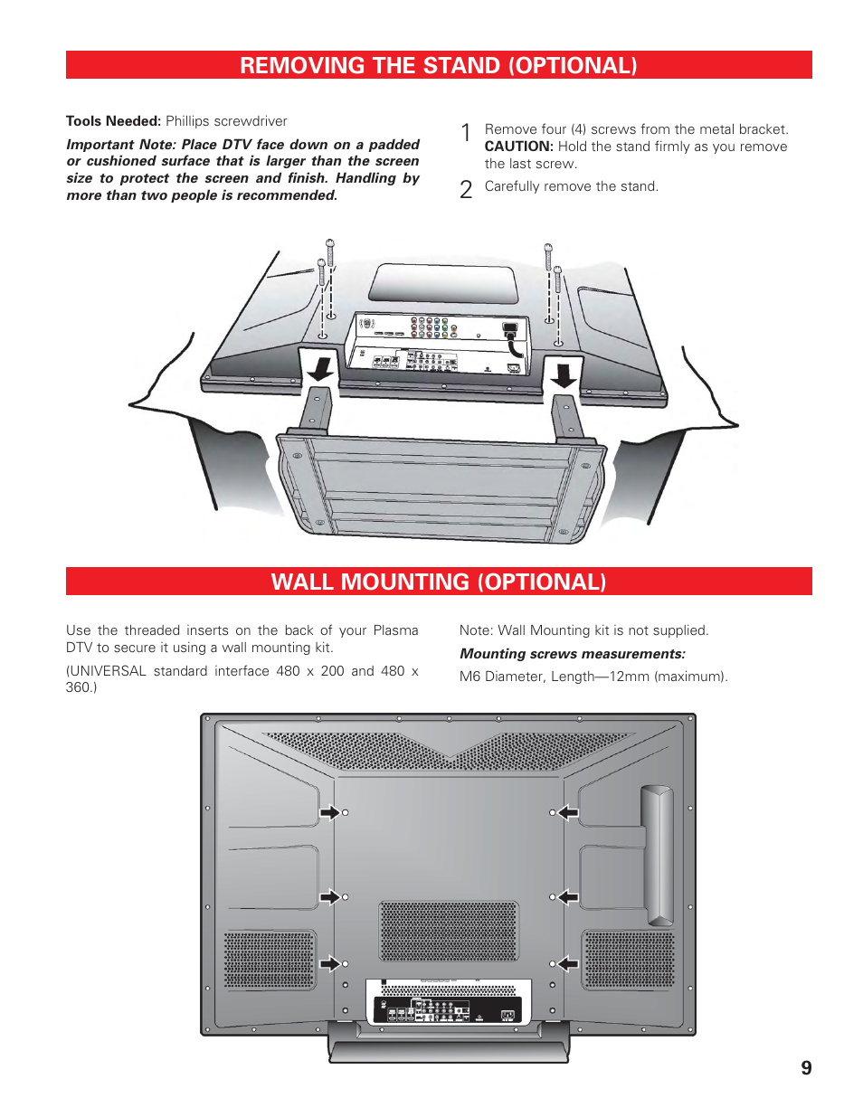 Removing the stand, Wall mounting, Removing the stand (optional) | Wall mounting (optional) | Sanyo HIGH-DEFINITION DIGITAL PLASMA TELEVISION DP50747 User Manual | Page 9 / 52