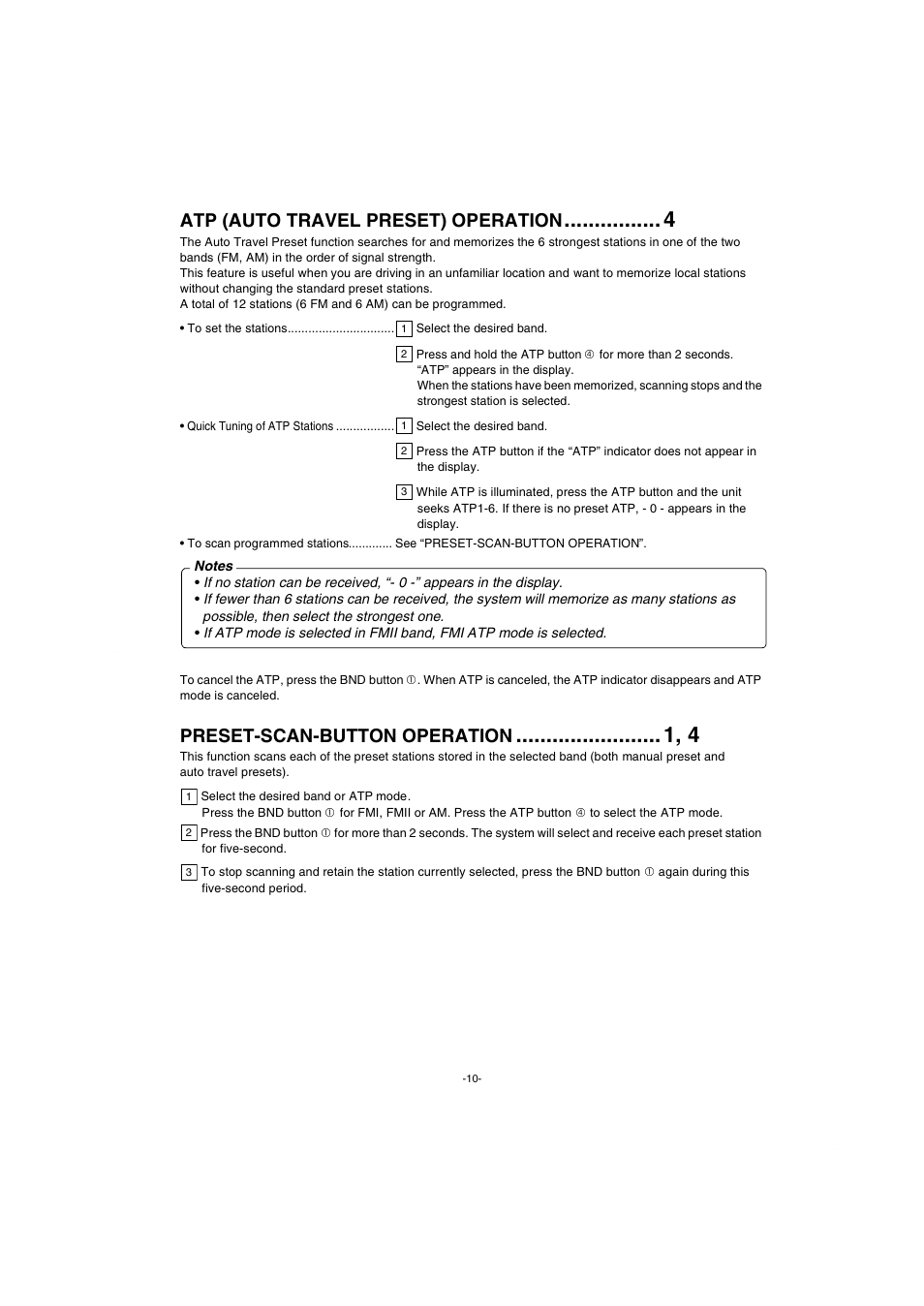 Atp (auto travel preset) operation, Preset-scan-button operation | Sanyo FXCD-550 User Manual | Page 11 / 27