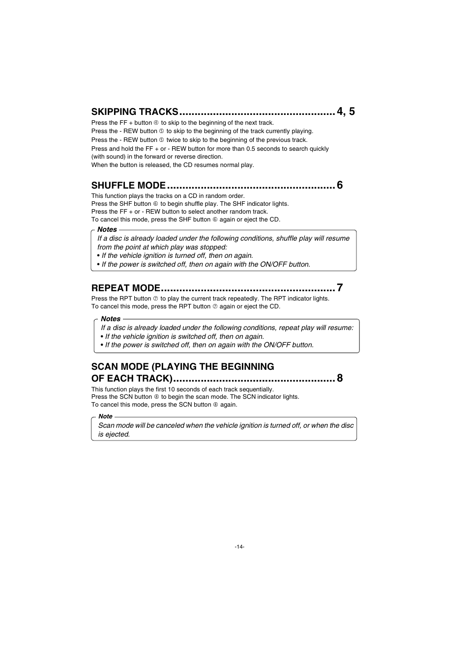 Skipping tracks, Shuffle mode, Repeat mode | Scan mode (playing the beginning of each track) | Sanyo FXCD-550 User Manual | Page 15 / 27