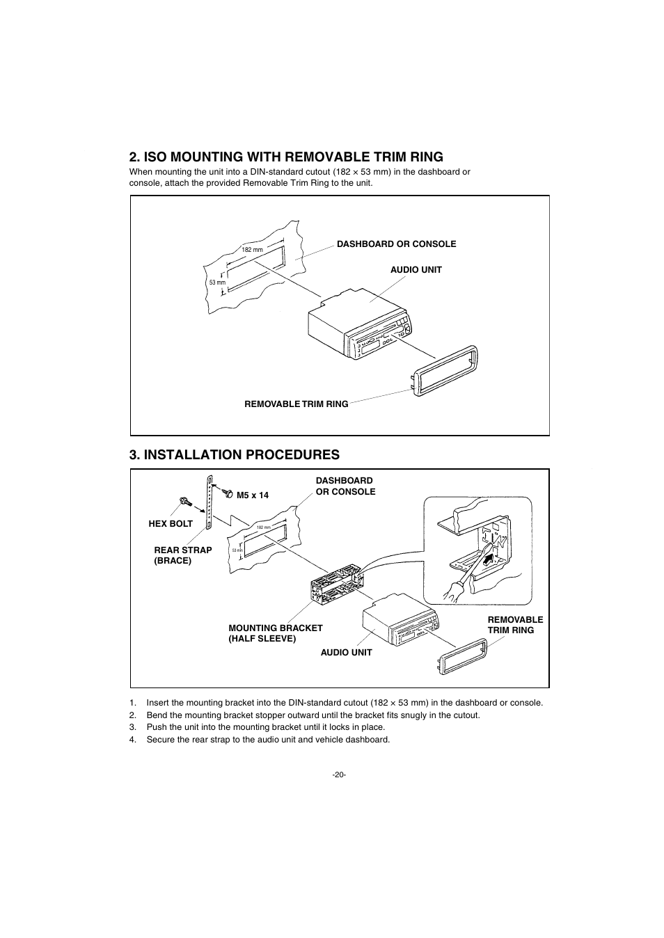 Iso mounting with removable trim ring, Installation procedures | Sanyo FXCD-550 User Manual | Page 21 / 27
