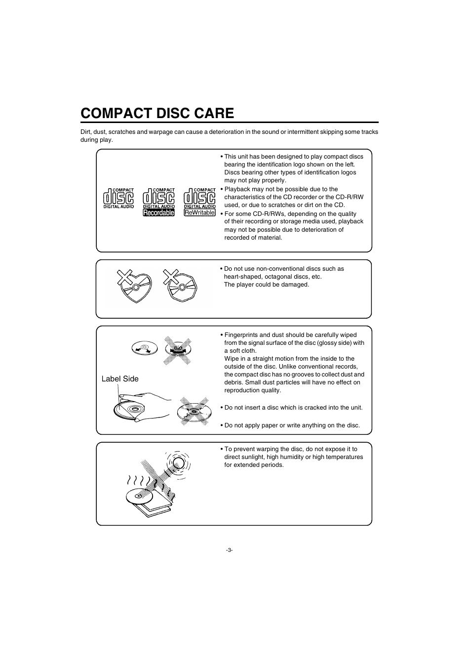 Compact disc care | Sanyo FXCD-550 User Manual | Page 4 / 27