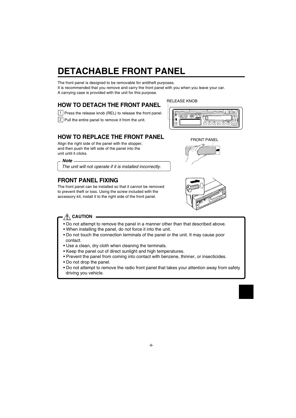 Detachable front panel, How to detach the front panel, How to replace the front panel | Front panel fixing | Sanyo FXCD-550 User Manual | Page 7 / 27