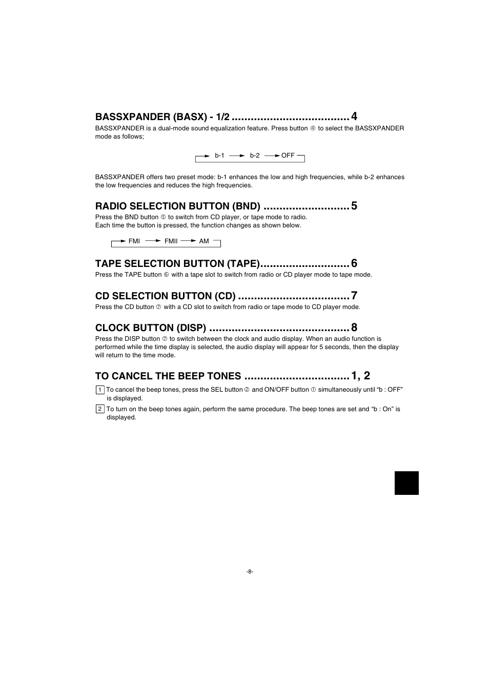 Bassxpander (basx) - 1/2, Radio selection button (bnd), Tape selection button (tape) | Cd selection button (cd), Clock button (disp) | Sanyo FXCD-550 User Manual | Page 9 / 27