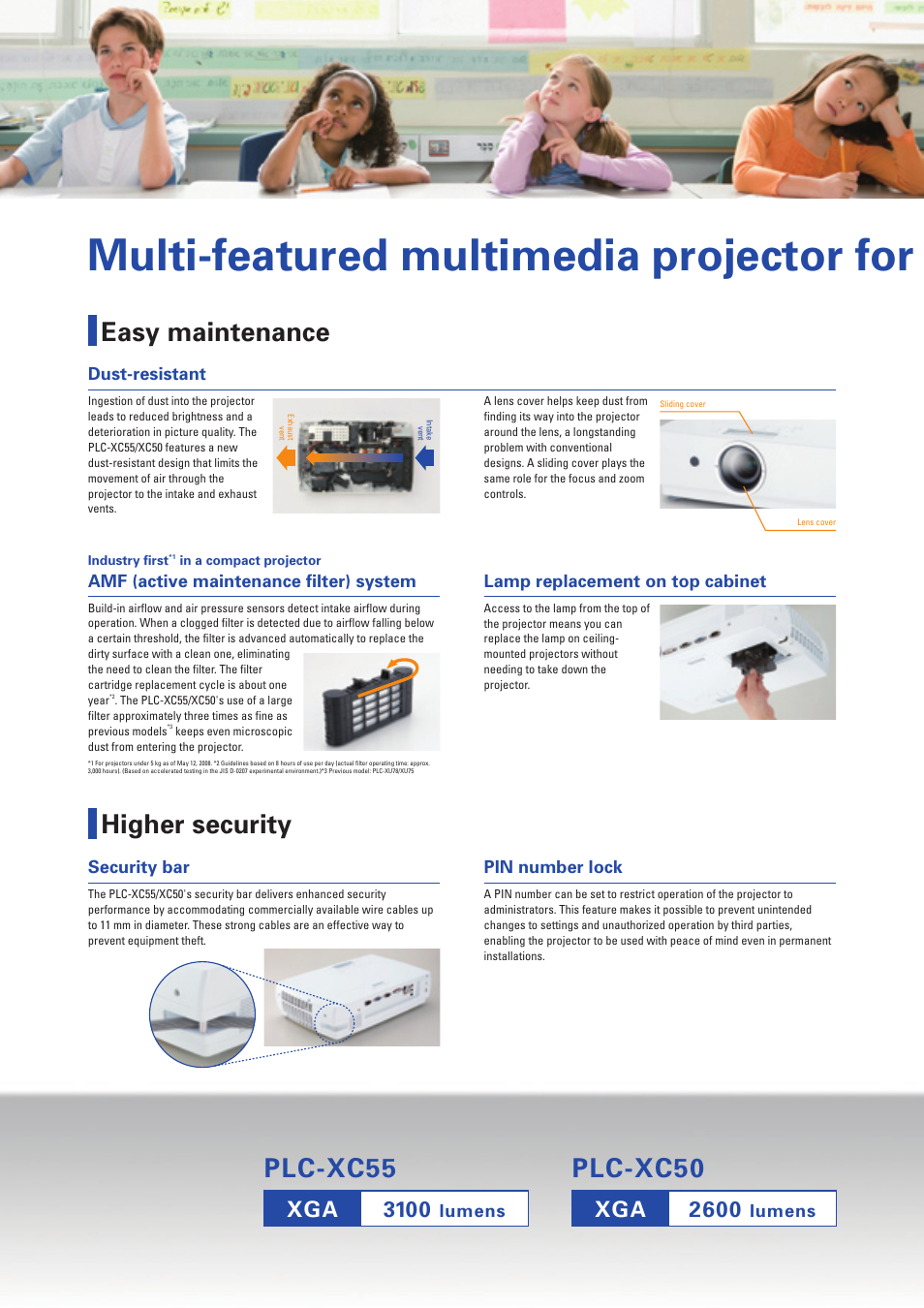 Plc-xc50, Plc-xc55, Easy maintenance | Higher security, Convenient functions, Xga 2600, Xga 3100 | Sanyo PLC-XC50 User Manual | Page 2 / 4