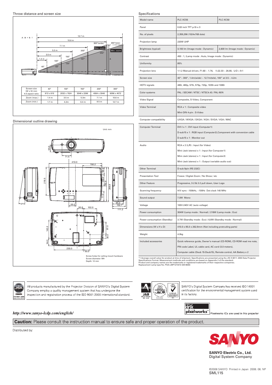 Plc-xc55 plc-xc50 multimedia projector, Mount on the ceiling. place on a table | Sanyo PLC-XC50 User Manual | Page 4 / 4