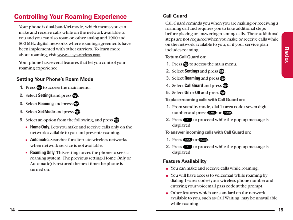 Controlling your roaming experience, Basics | Sanyo SCP200 User Manual | Page 11 / 22