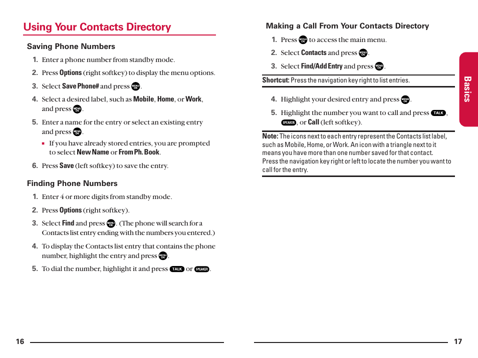 Using your contacts directory, Basics | Sanyo SCP200 User Manual | Page 12 / 22