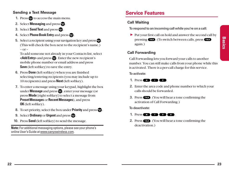 Service features, Basics | Sanyo SCP200 User Manual | Page 15 / 22