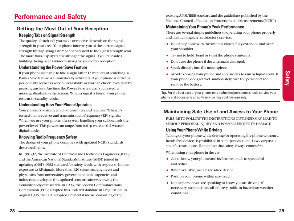 Performance and safety, Safety | Sanyo SCP200 User Manual | Page 18 / 22