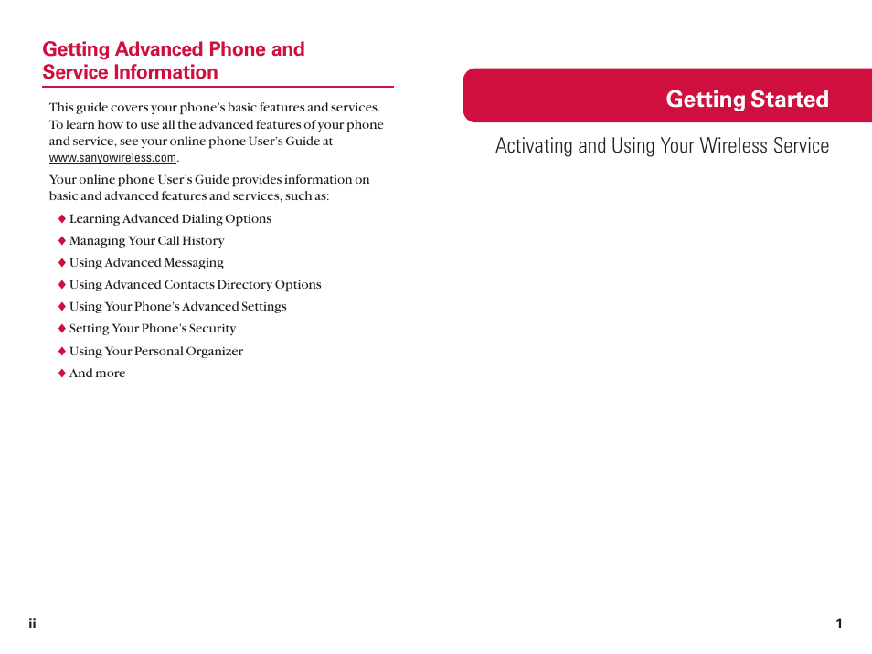 Getting started, Activating and using your wireless service, Getting advanced phone and service information | Sanyo SCP200 User Manual | Page 4 / 22