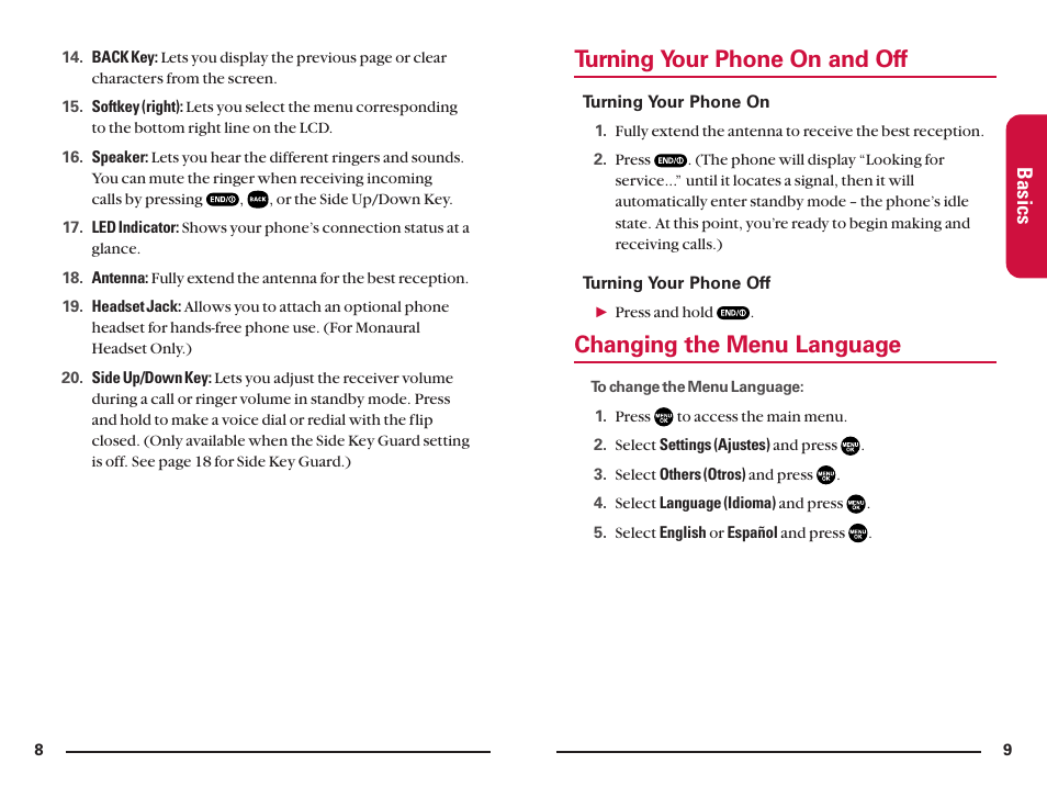 Turning your phone on and off, Changing the menu language, Basics | Sanyo SCP200 User Manual | Page 8 / 22