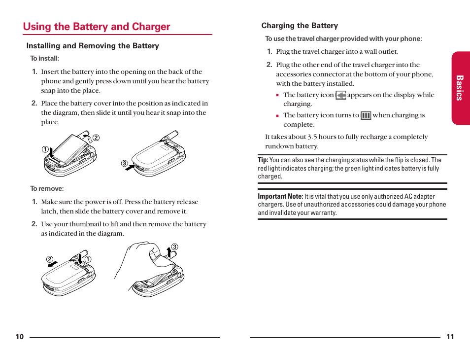 Using the battery and charger, Basics | Sanyo SCP200 User Manual | Page 9 / 22