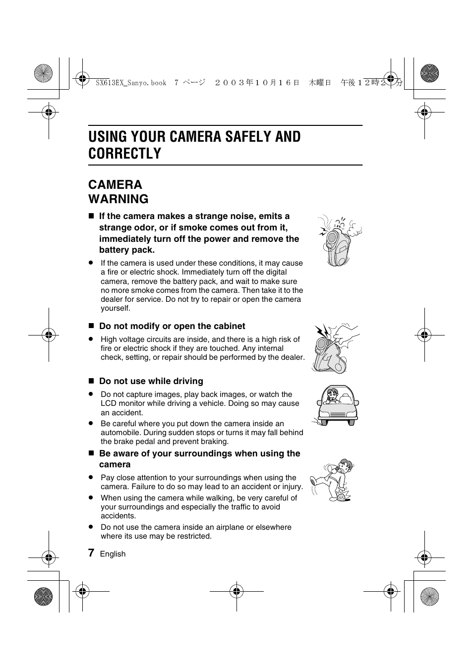 Using your camera safely and correctly, Camera warning | Sanyo VPC-C1 User Manual | Page 10 / 176