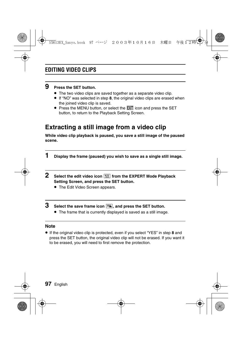 Extracting a still image from a video clip, Editing video clips | Sanyo VPC-C1 User Manual | Page 100 / 176