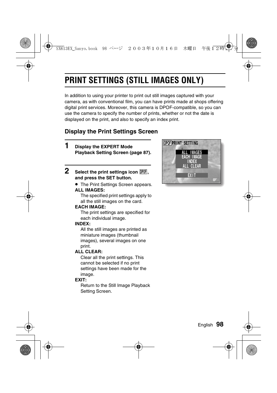 Print settings (still images only) | Sanyo VPC-C1 User Manual | Page 101 / 176