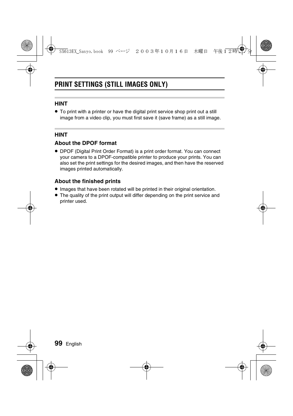 Print settings (still images only) | Sanyo VPC-C1 User Manual | Page 102 / 176