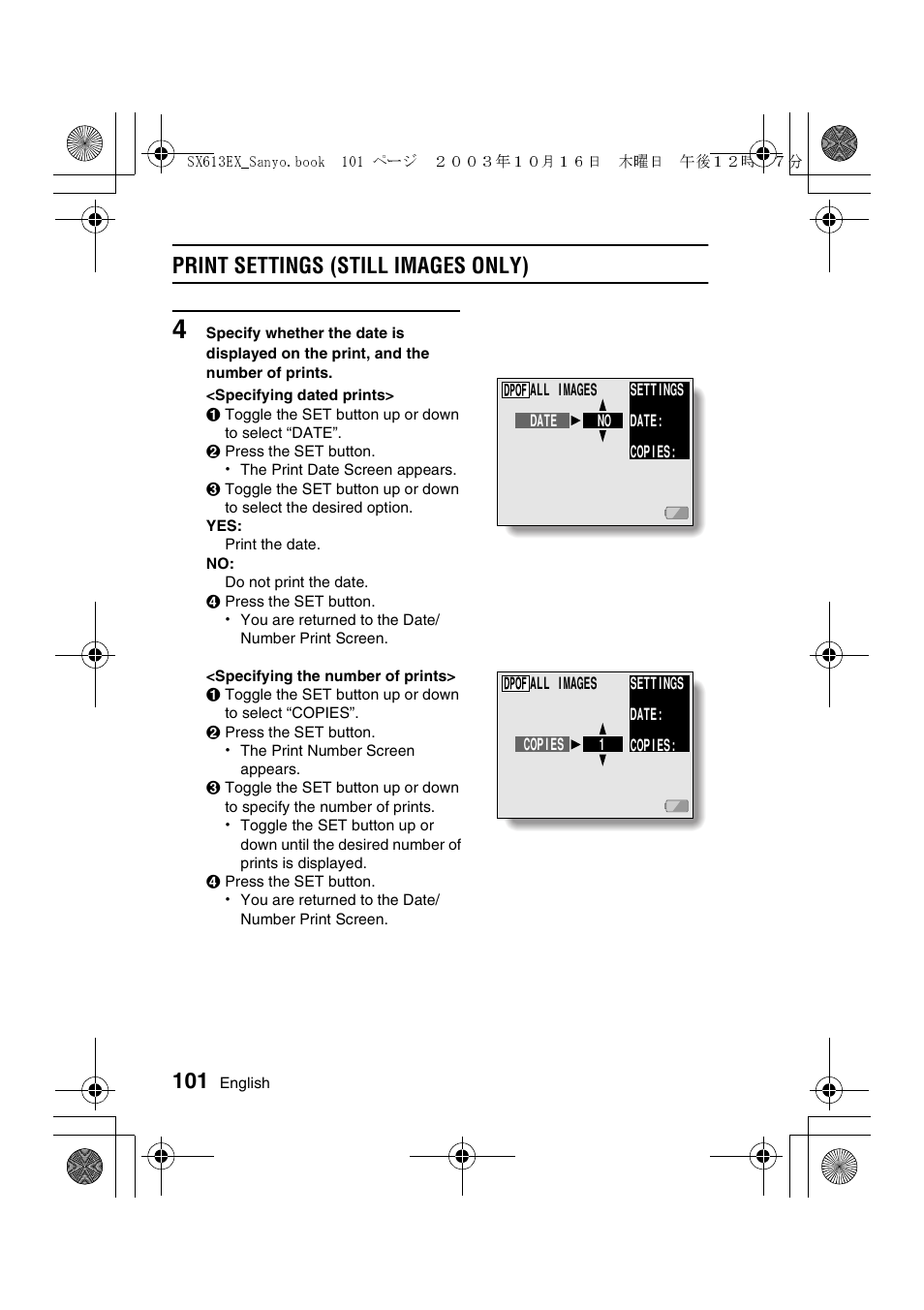 Print settings (still images only) | Sanyo VPC-C1 User Manual | Page 104 / 176