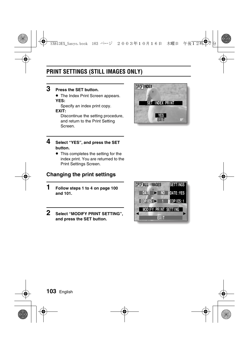 Print settings (still images only) | Sanyo VPC-C1 User Manual | Page 106 / 176