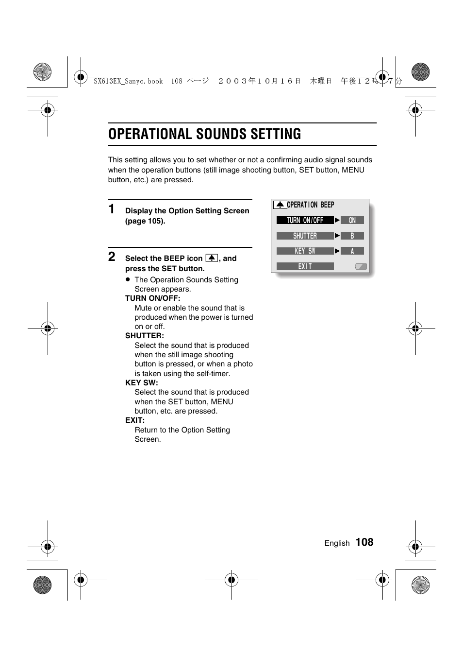 Operational sounds setting | Sanyo VPC-C1 User Manual | Page 111 / 176