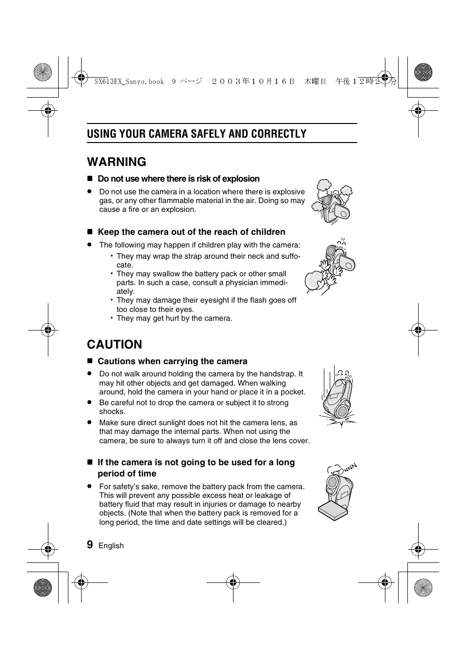 Warning, Caution, Using your camera safely and correctly | Sanyo VPC-C1 User Manual | Page 12 / 176