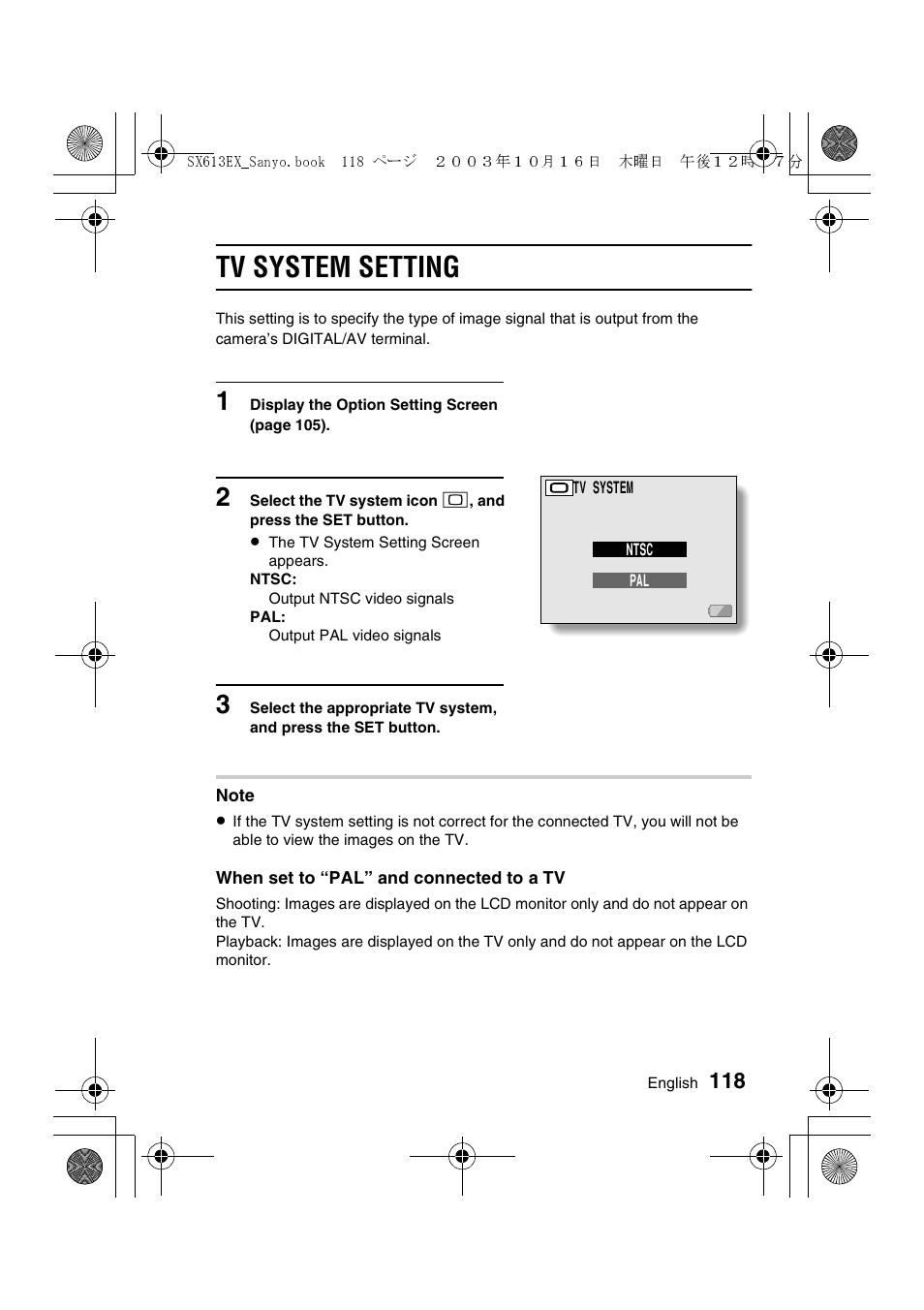 Tv system setting | Sanyo VPC-C1 User Manual | Page 121 / 176
