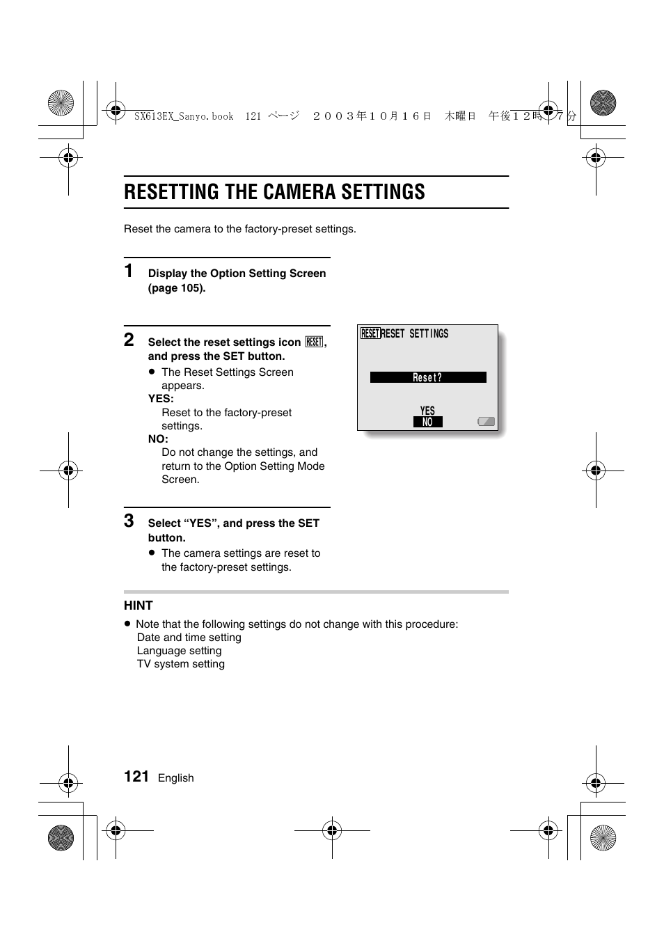 Resetting the camera settings | Sanyo VPC-C1 User Manual | Page 124 / 176
