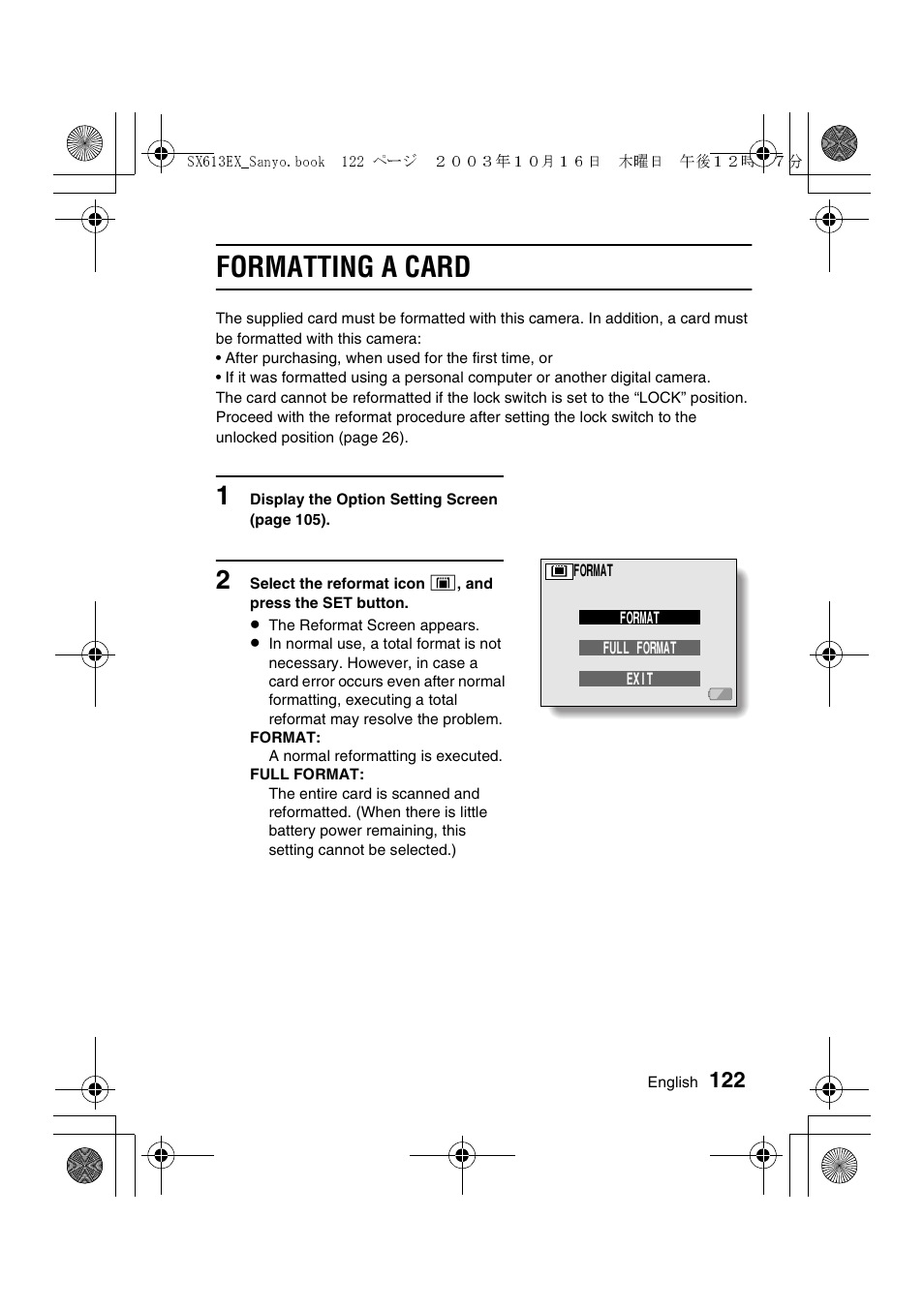 Formatting a card | Sanyo VPC-C1 User Manual | Page 125 / 176