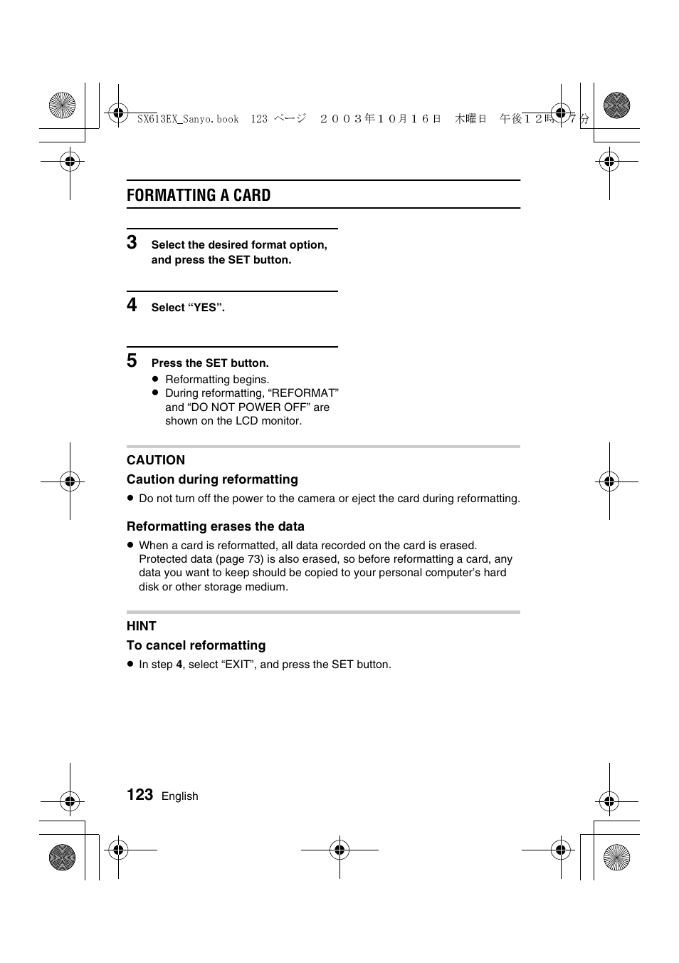 Formatting a card | Sanyo VPC-C1 User Manual | Page 126 / 176