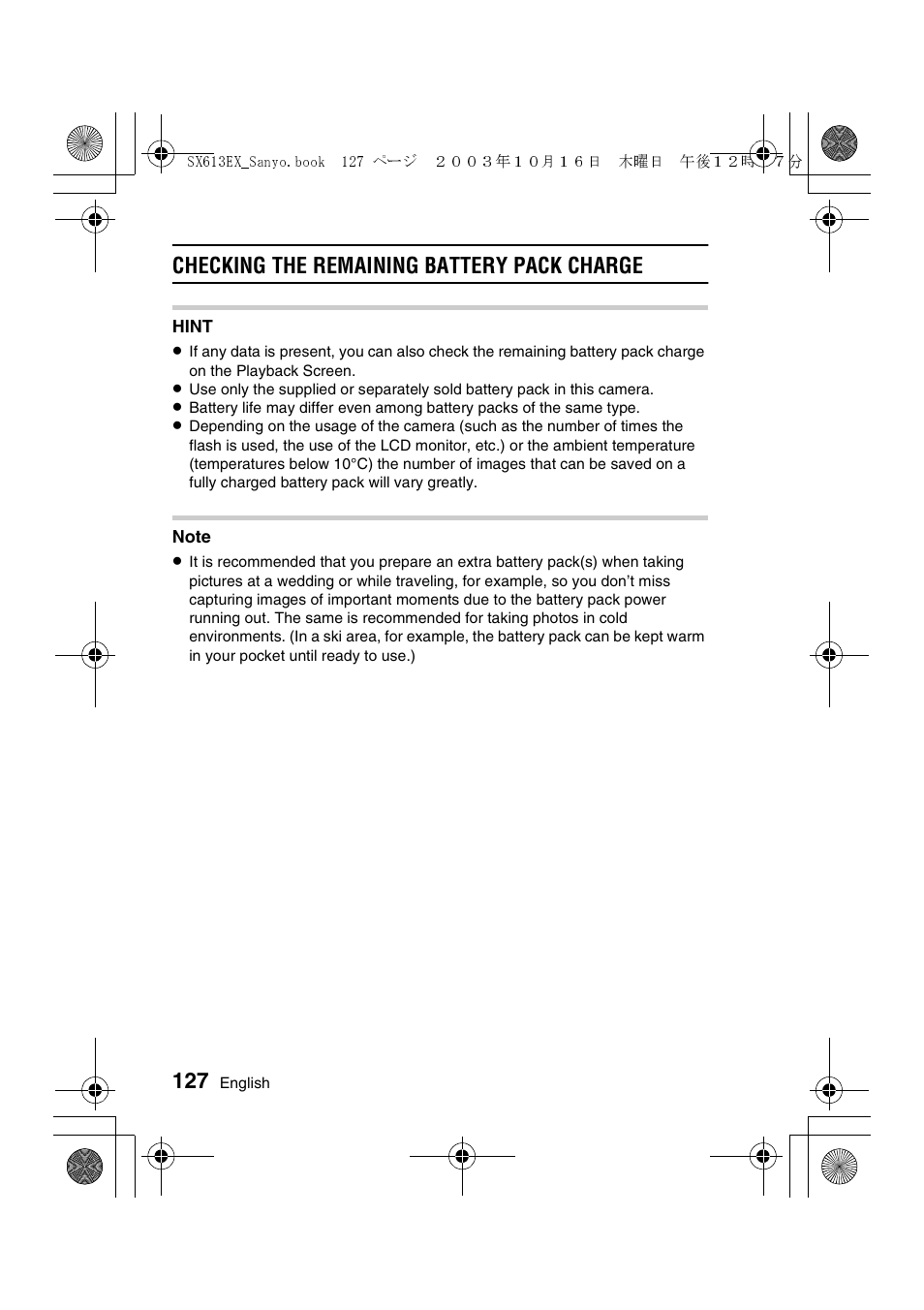 Checking the remaining battery pack charge | Sanyo VPC-C1 User Manual | Page 130 / 176