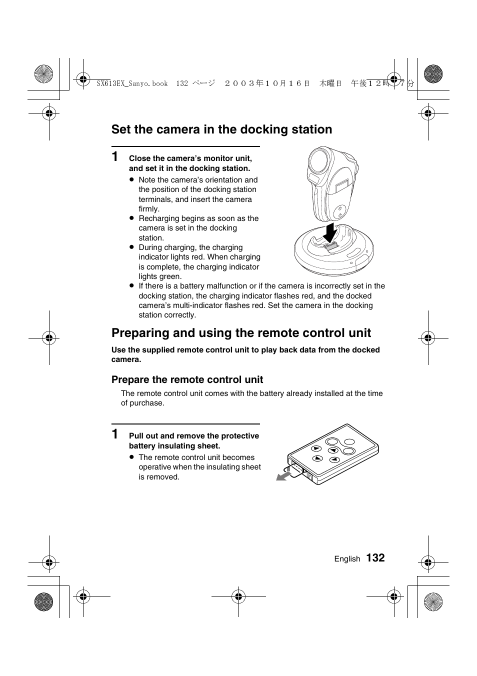 Set the camera in the docking station, Preparing and using the remote control unit | Sanyo VPC-C1 User Manual | Page 135 / 176