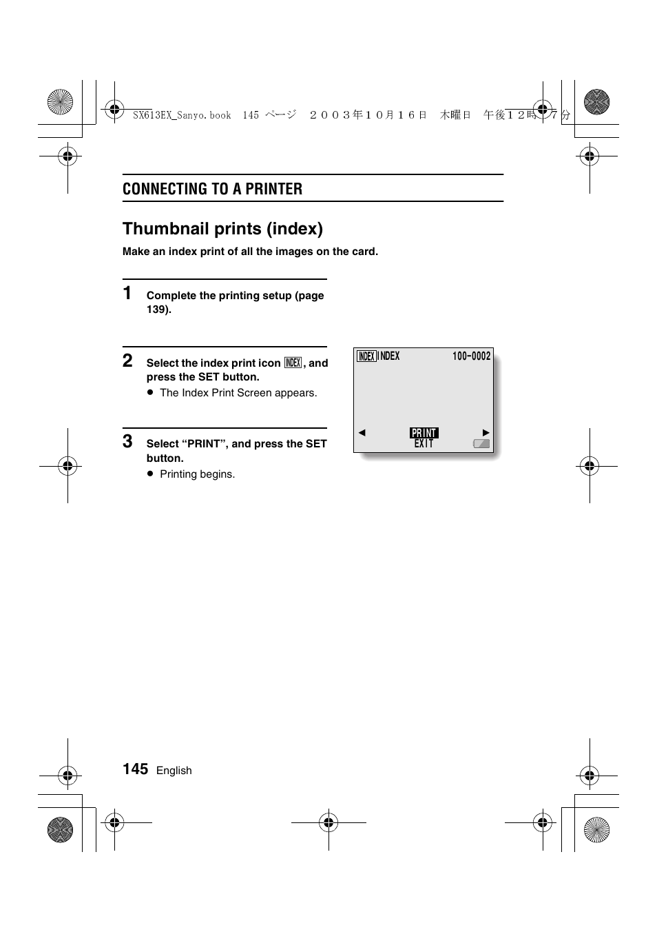 Thumbnail prints (index), Connecting to a printer | Sanyo VPC-C1 User Manual | Page 148 / 176