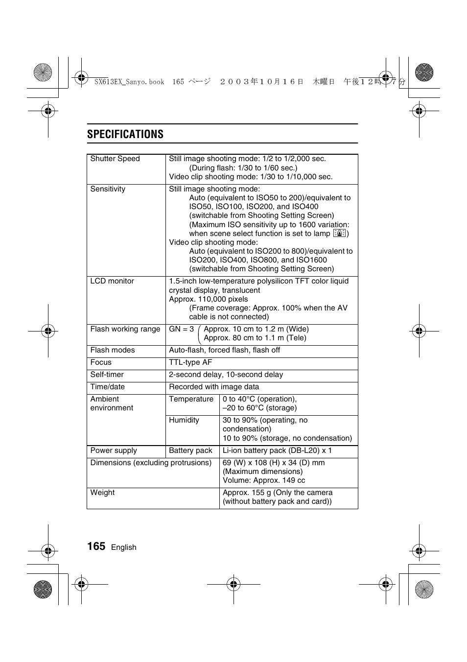 Specifications | Sanyo VPC-C1 User Manual | Page 168 / 176