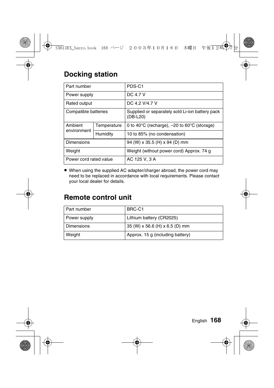 Docking station, Remote control unit | Sanyo VPC-C1 User Manual | Page 171 / 176